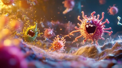 Poster - Cartoon style bacteria engage in a playful battle against antibodies in a vibrant microscopic world. Generative AI