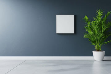 Poster - Modern interior design featuring a plant by a blank canvas on a dark wall