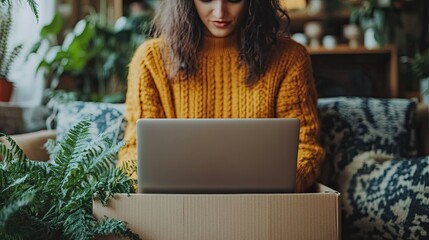 Poster - A person opening a new laptop box, excited about their new tech purchase. 
