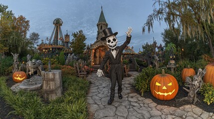 Wall Mural - A costumed skeleton greets visitors at a Halloween-themed park.  Spooky decorations and a small stone church fill the background.