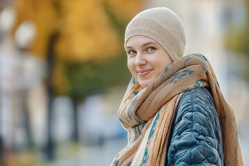 Strong woman advocates for breast cancer awareness in vibrant city setting