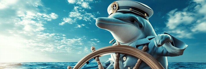 Aufkleber - Dolphin in captain attire navigating the ocean with a ships wheel during a sunny day. Generative AI