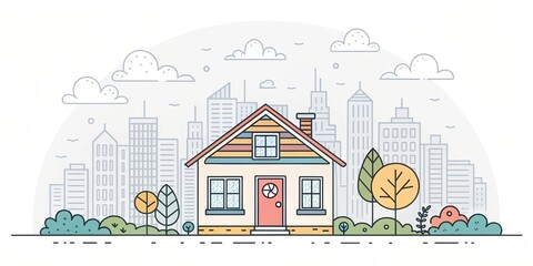 Wall Mural - cute house doodle art illustration with city landscape background