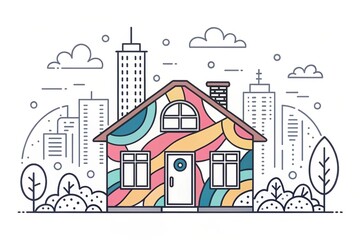 Wall Mural - cute house doodle art illustration with city landscape background