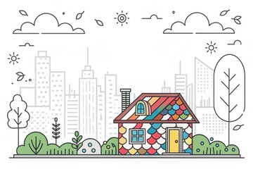 Wall Mural - cute house doodle art illustration with city landscape background