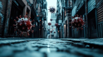 Poster - Urban street highlights isolation with symbolic virus figures floating in the air. Generative AI