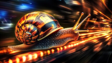 Wall Mural - A fast snail moving at high speed through a city at night.