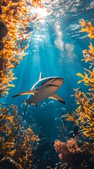 Poster - A majestic shark navigates through a colorful underwater ecosystem, where sunlight filters through the water, creating a magical ambiance amidst thriving marine life