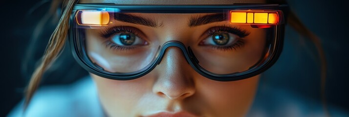 Poster - Person using augmented reality glasses in a tech-focused environment at night