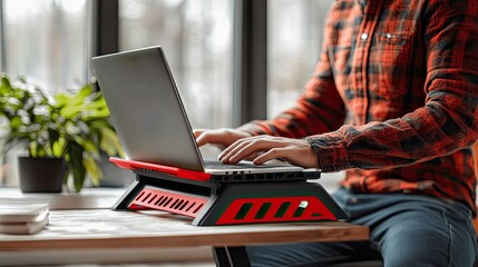 Poster - A person using a laptop with a comfortable ergonomic stand for better posture. 