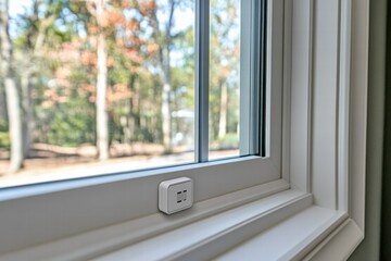 Poster - Smart door or window opening sensor secured to a window frame in a natural outdoor setting