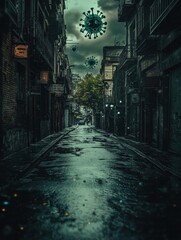 Poster - Empty urban street illuminated by reflections with symbolic virus motifs overhead at twilight. Generative AI