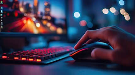 Poster - A person using a mouse to edit a photo on a computer, focusing on details