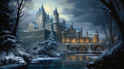 Wall Mural - A captivating, wintry landscape featuring a grand, medieval castle surrounded by snow-covered trees and a tranquil river. The scene is illuminated by warm lights from the castle's windows, contrasting