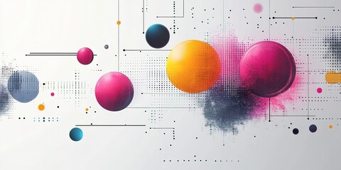 Poster - Abstract art composition featuring colorful spheres and geometric elements on a white background