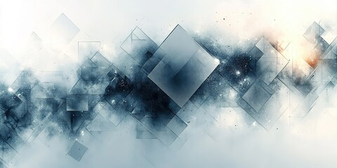 Poster - Abstract geometric shapes blend into a cosmic background with a muted color palette and subtle glow effects