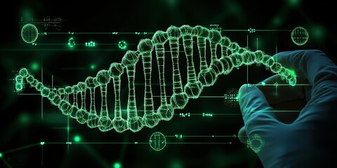 Poster - Hand interacting with glowing green DNA helix representation against a dark background