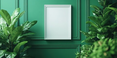 Poster - Elegant green wall adorned with empty frame surrounded by lush foliage in a serene indoor setting