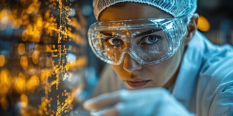 Poster - Focused scientist analyzing data in a high-tech laboratory with glowing screens and modern equipment