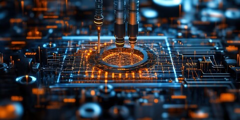 Poster - Advanced circuit design and microchip fabrication with intricate patterns and glowing elements at a high-tech facility