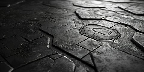 Poster - Detailed view of textured black surface with geometric patterns and shadow play in a dimly lit environment
