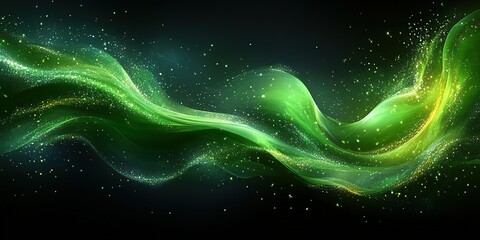 Poster - Green luminous wave flowing across a dark background with shimmering particles and an ethereal quality
