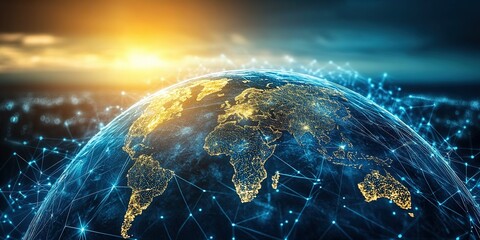 Poster - Exploring connections of a digital world illuminated by vibrant networks at sunrise over the Earth
