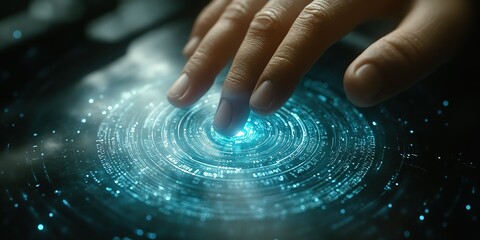 Poster - Touching a luminous interface with swirling data patterns in a futuristic setting
