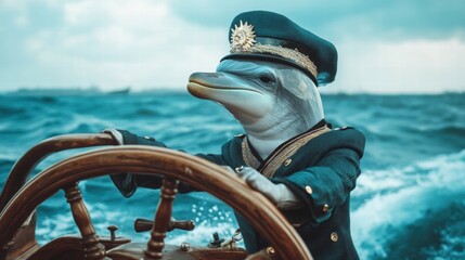 Aufkleber - Dolphin dressed as a ship captain navigates the ocean with a ships wheel on a bright sunny day. Generative AI