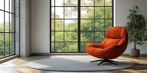 Poster - Cozy living room with orange chair and large windows overlooking greenery during daylight