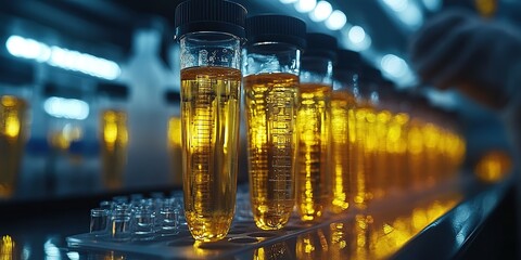 Poster - Test tubes containing yellow liquid being analyzed in a modern laboratory environment
