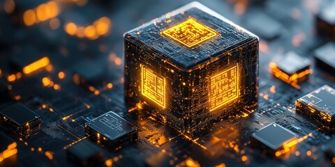 Poster - Digital cube with glowing circuits centers technology innovation at night