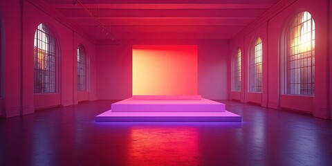 Poster - Modern art space with vibrant lighting at sunset creating a captivating atmosphere for events and exhibitions