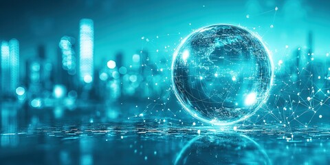 Poster - Digital globe illuminated with blue lights, symbolizing global connectivity in a futuristic cityscape