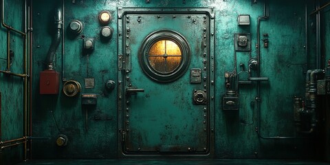 Poster - Rusty green industrial door with round window amid pipes and machinery in a dimly lit room
