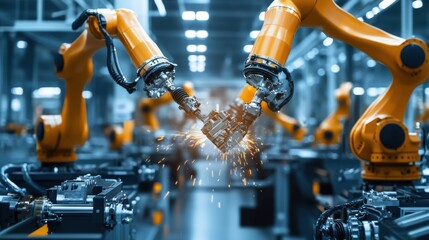 Poster - Two robotic arms are welding a metal component, creating sparks in a modern factory, showcasing automation and advanced manufacturing processes