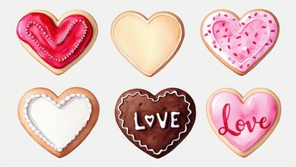 Wall Mural - Delicious Valentine s Day Heart Shaped Cookies Assorted Flavors and Decorations Watercolor