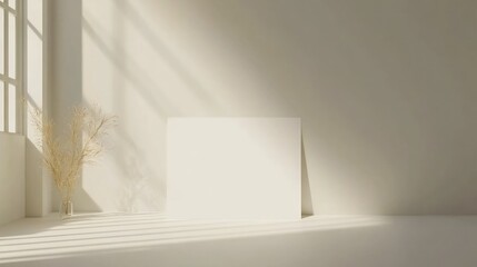 Wall Mural - Blank square canvas mockup in sunlit minimalist room with dried flowers.