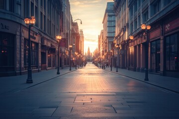 Aufkleber - Empty urban street at sunset with symbolic virus motif reflecting the quietness of a city facing challenges. Generative AI