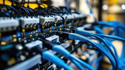 Poster - Close up of blue network cables connecting server racks, illustrating data transmission and storage in a modern data center and highlighting the importance of connectivity in it infrastructure