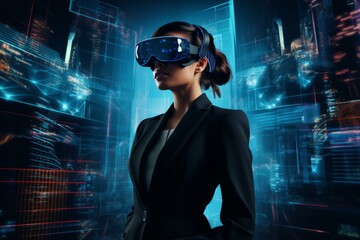 Poster - Businesswoman wearing virtual reality headset is exploring metaverse city