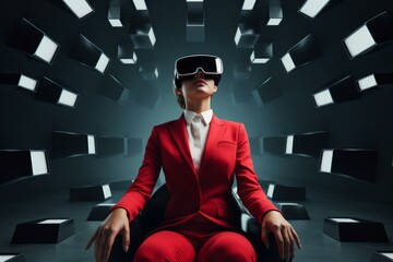 Poster - Businesswoman sitting on chair wearing vr headset experiencing virtual reality in futuristic room