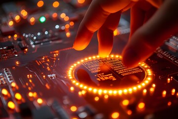 Poster - Close-up of Finger Touching Illuminated Circuit Board