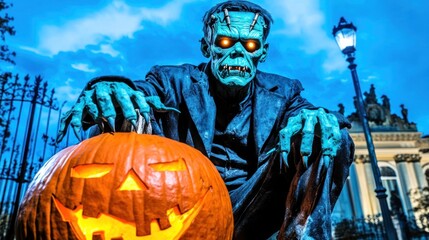 Sticker - A menacing Frankenstein monster figure sits guarding a carved jack-o'-lantern at night.