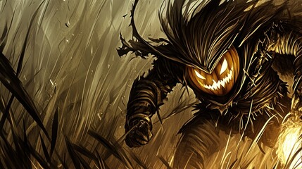 Sticker - A menacing pumpkin scarecrow figure, with glowing eyes, stands amidst tall grasses,  a symbol of Halloween.