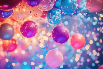 Aufkleber - Festive balloons and colorful confetti create a vibrant atmosphere for celebrating special occasions at night. Generative AI