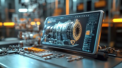 Poster - Futuristic software is displaying a rotating jet engine design on a tablet screen inside a manufacturing plant, showcasing advanced technology and engineering