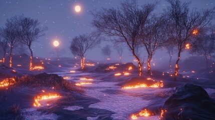 Sticker - A mystical, winter landscape bathed in ethereal orange light, with frosted trees and rocks under a starry night sky.