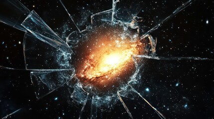 Poster - Shattered glass reveals a vibrant spiral galaxy amidst a star-studded cosmos.