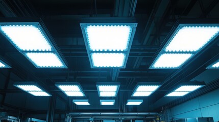 Poster - Rows of bright led panel lights illuminating a modern manufacturing facility create an efficient and well lit workspace, enhancing productivity and showcasing advanced industrial design
